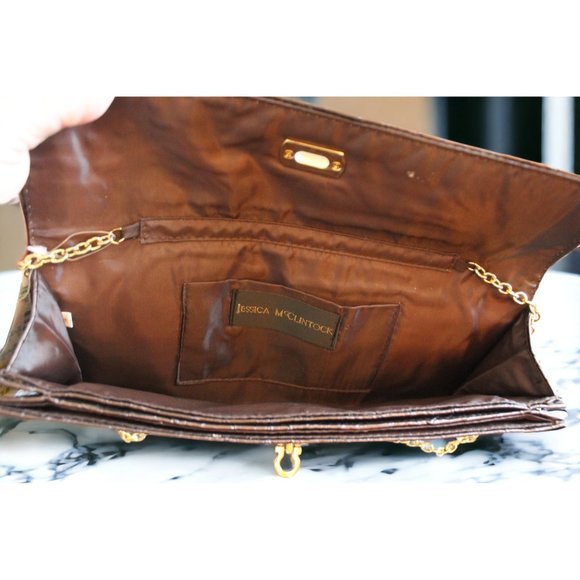 NWT Jessica M'Clintock Brown Faux Patent Leather Envelope Clutch Evening Bag - Picture 4 of 9